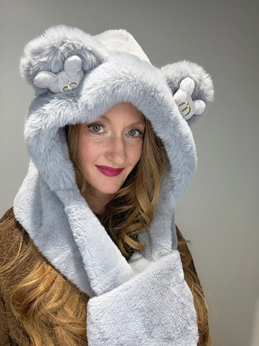 Plush Hooded Scarf- Bear GREY