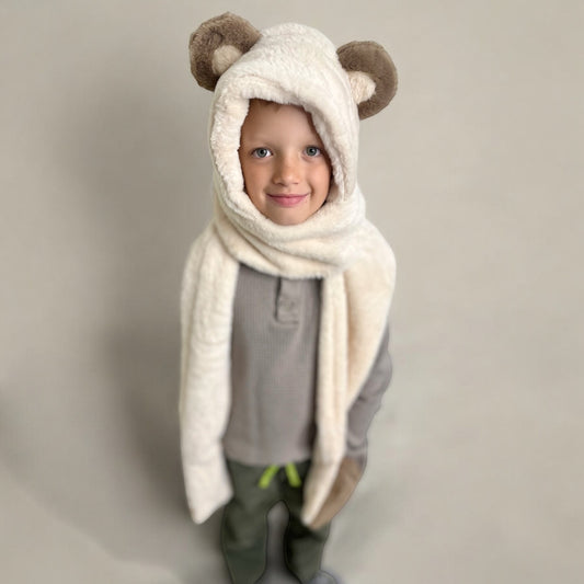 Plush Hooded Scarf- Two Tone Bear CREAM