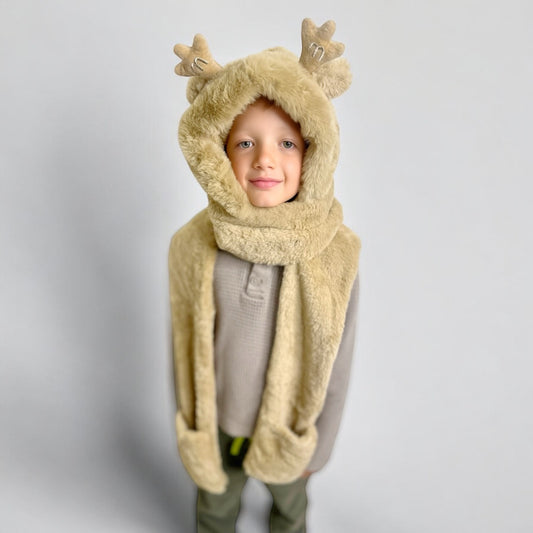 Plush Hooded Scarf- Deer BROWN