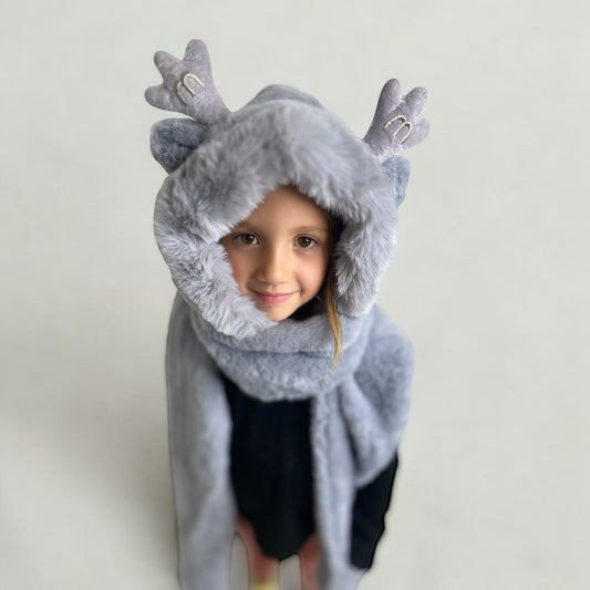 Plush Hooded Scarf- Deer GREY