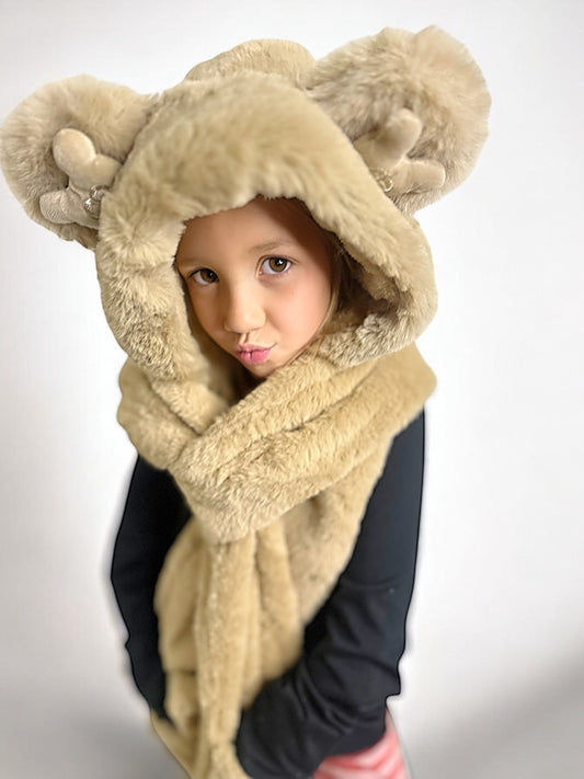 Plush Hooded Scarf- Bear BROWN