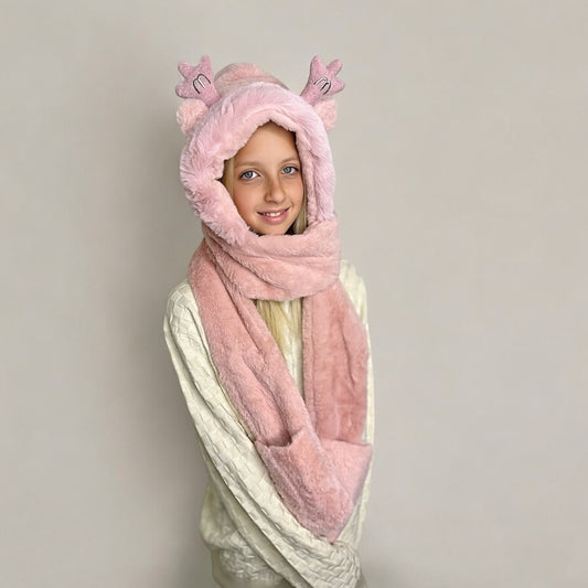 Plush Hooded Scarf- Deer PINK