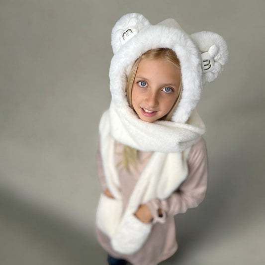 Plush Hooded Scarf Bear- WHITE