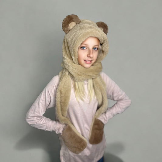 Plush Hooded Scarf- Two Tone Bear BROWN