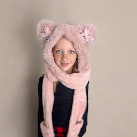 Plush Hooded Scarf- BEAR PINK