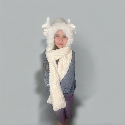 Plush Hooded Scarf- Waffle Knit Deer- CREAM