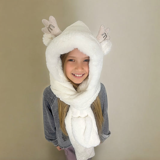 Plush Hooded Scarf- Deer WHITE